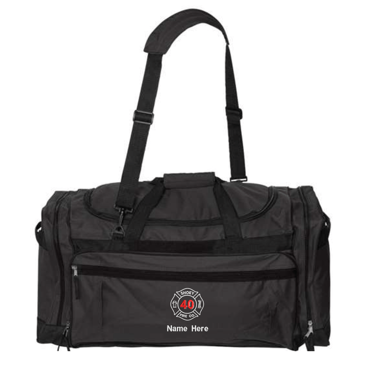 Black duffel bag with embroidered fire department seal and personalized name, dual handles and front pocket