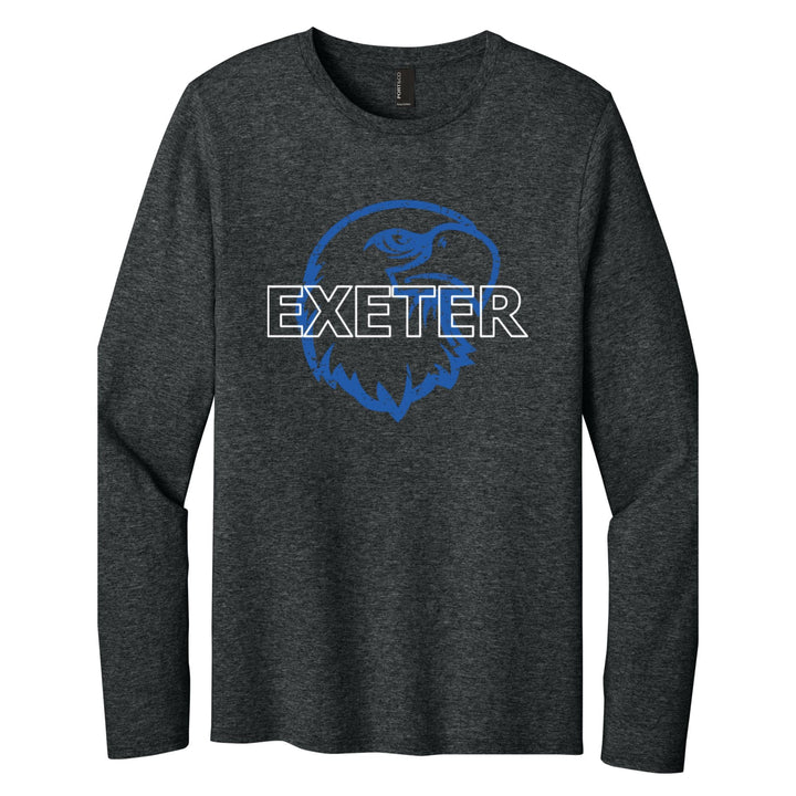 Dark heather gray long sleeve shirt with blue heart logo and white "EXETER" text across chest