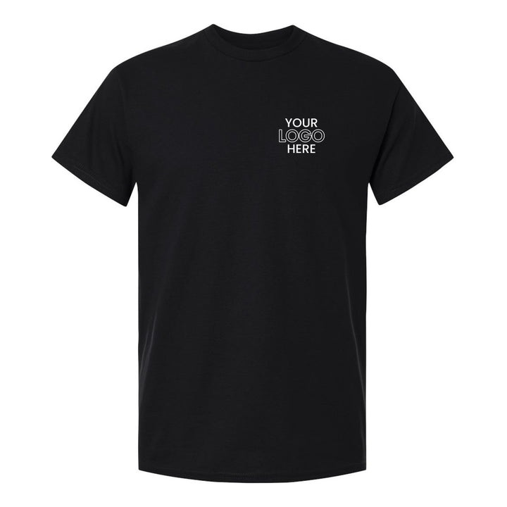 Black Gildan 5000 tee with a sample logo on the left chest