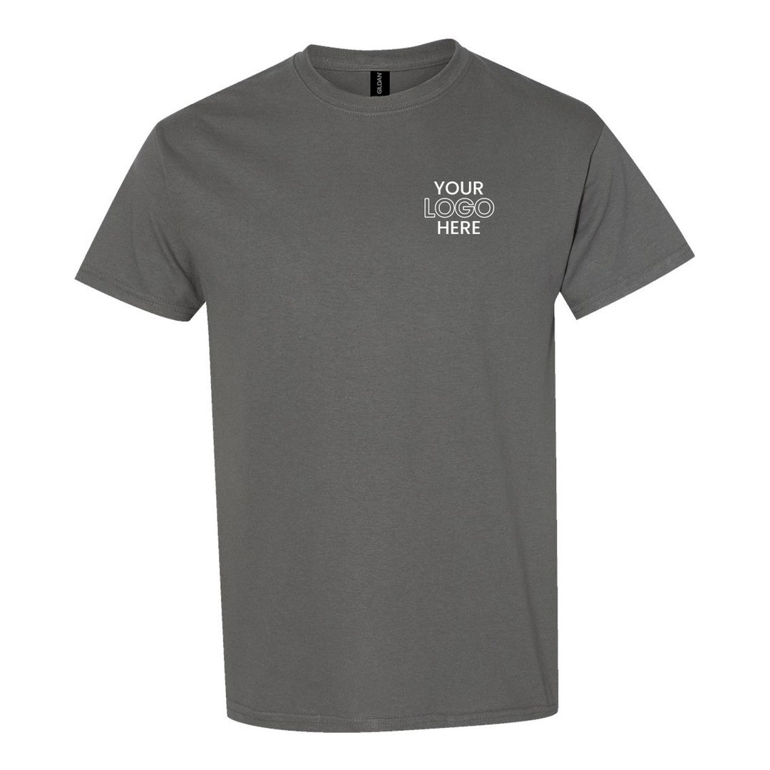 Charcoal Gildan 5000 tee with a sample logo on the left chest