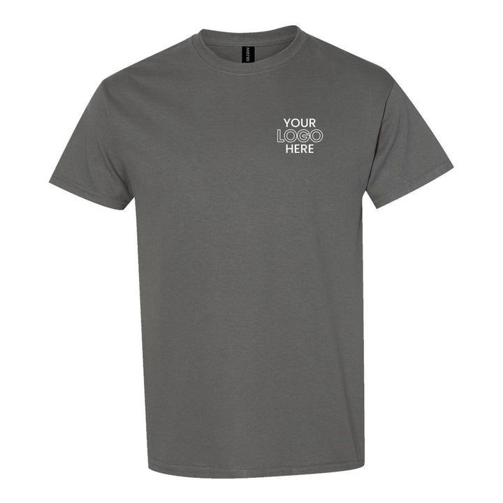 Charcoal Gildan 5000 tee with a sample logo on the left chest