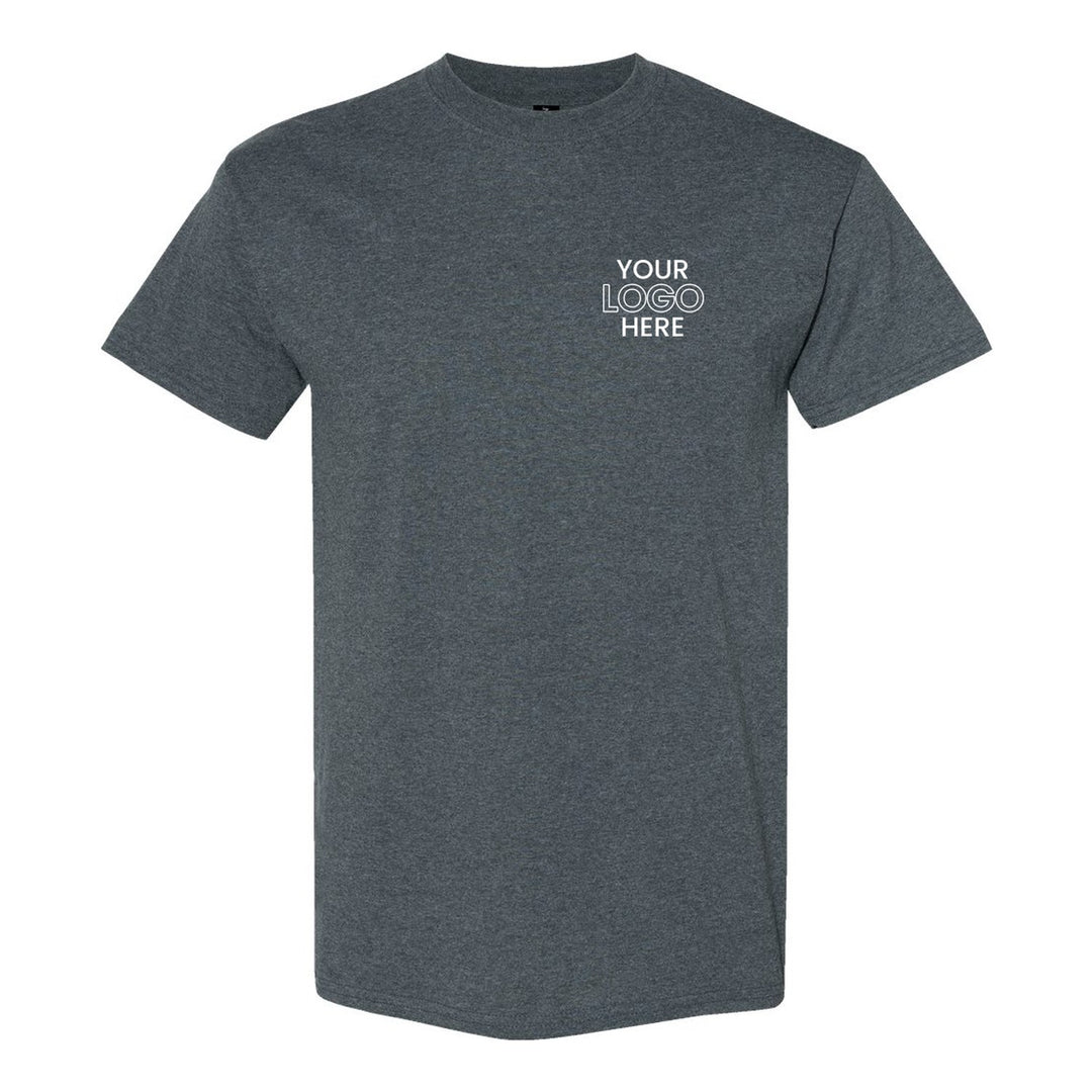 Dark Heather Gildan 5000 tee with a sample logo on the left chest