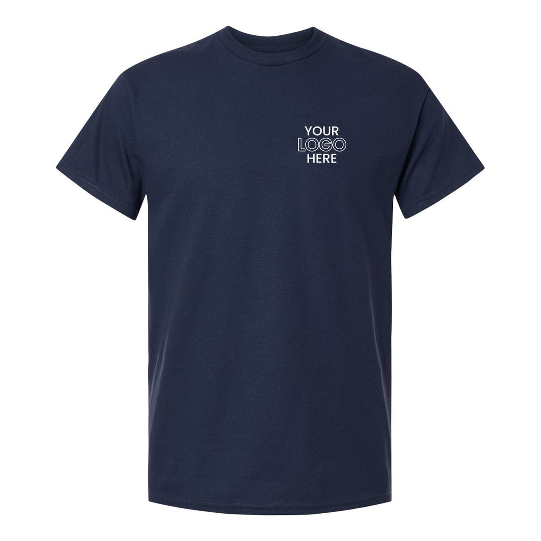 Navy Gildan 5000 tee with a sample logo on the left chest