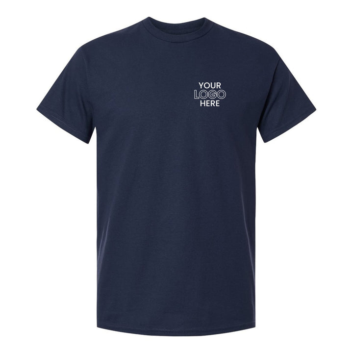 Navy Gildan 5000 tee with a sample logo on the left chest