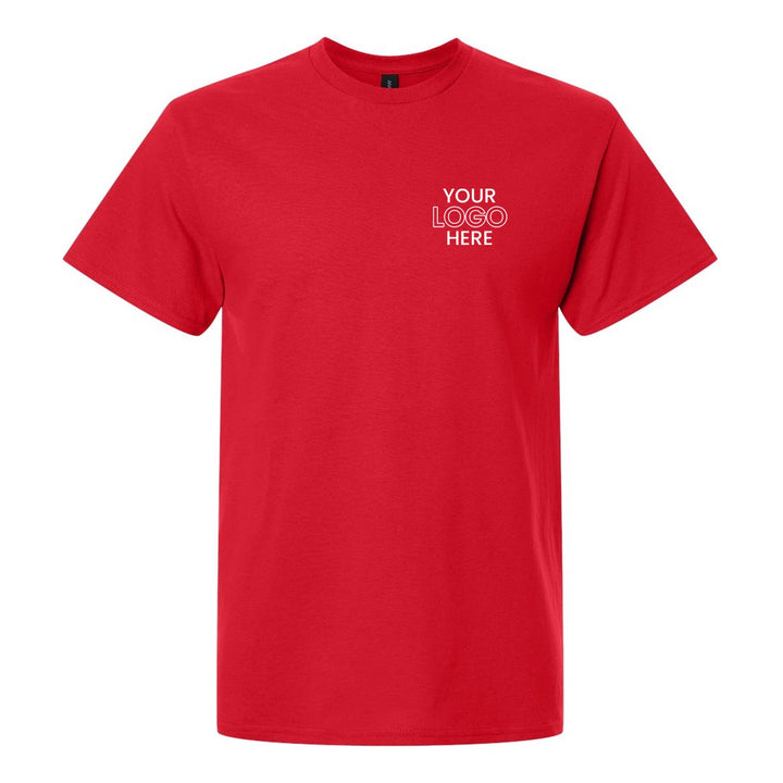 Red Gildan 5000 tee with a sample logo on the left chest