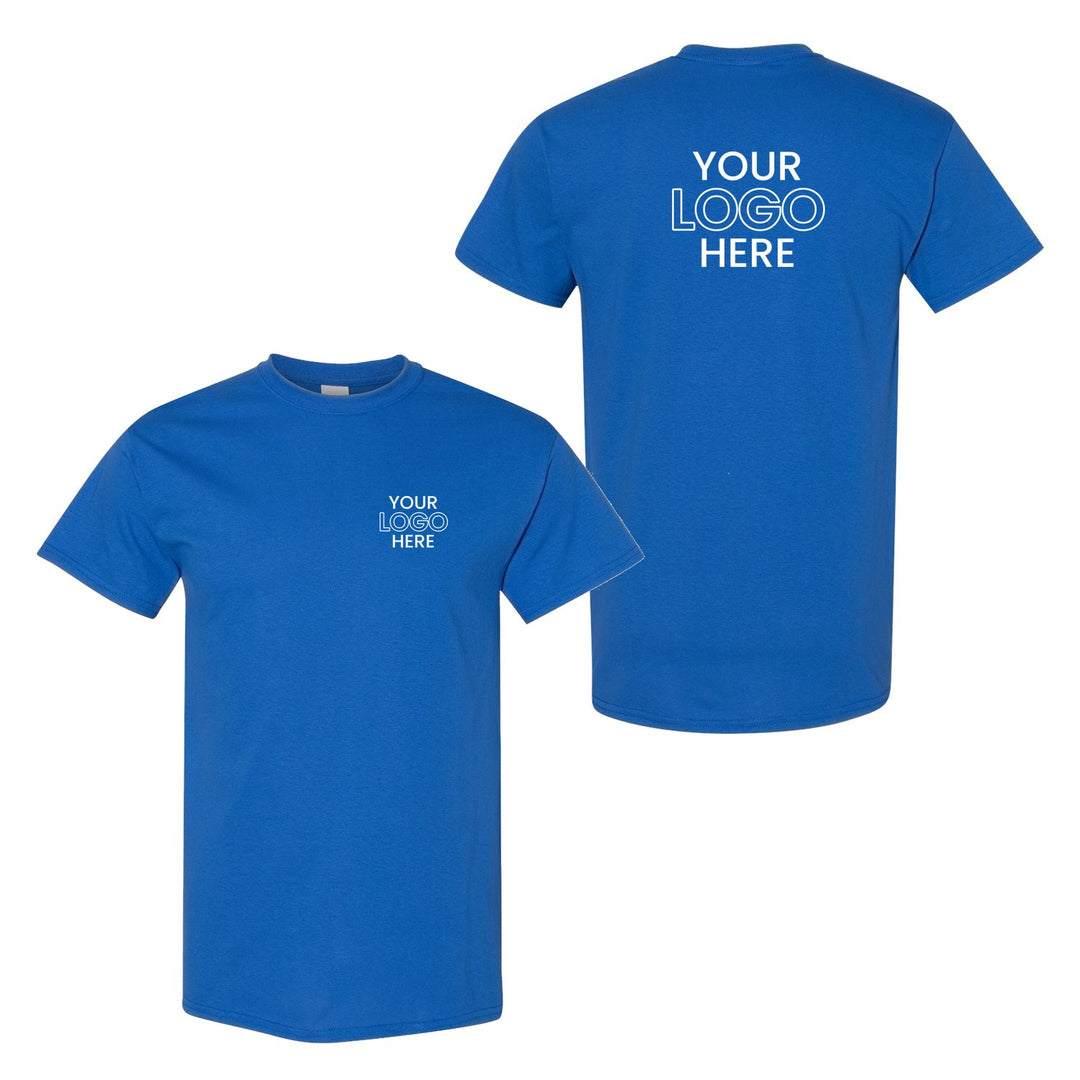 Gildan 5000 tee with a sample company logo on the left chest and full back, shown front and back