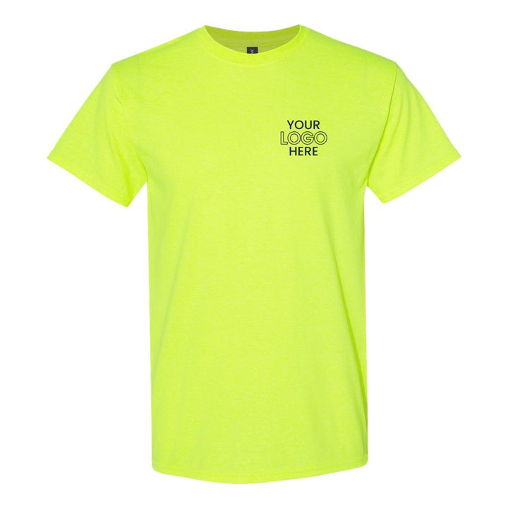 Safety Green Gildan 5000 tee with a sample logo on the left chest