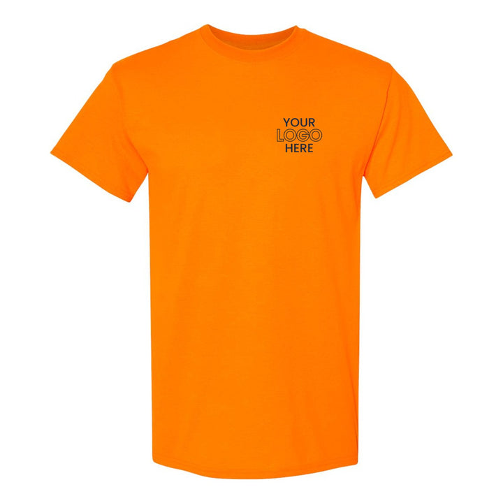 Safety Orange Gildan 5000 tee with a sample logo on the left chest