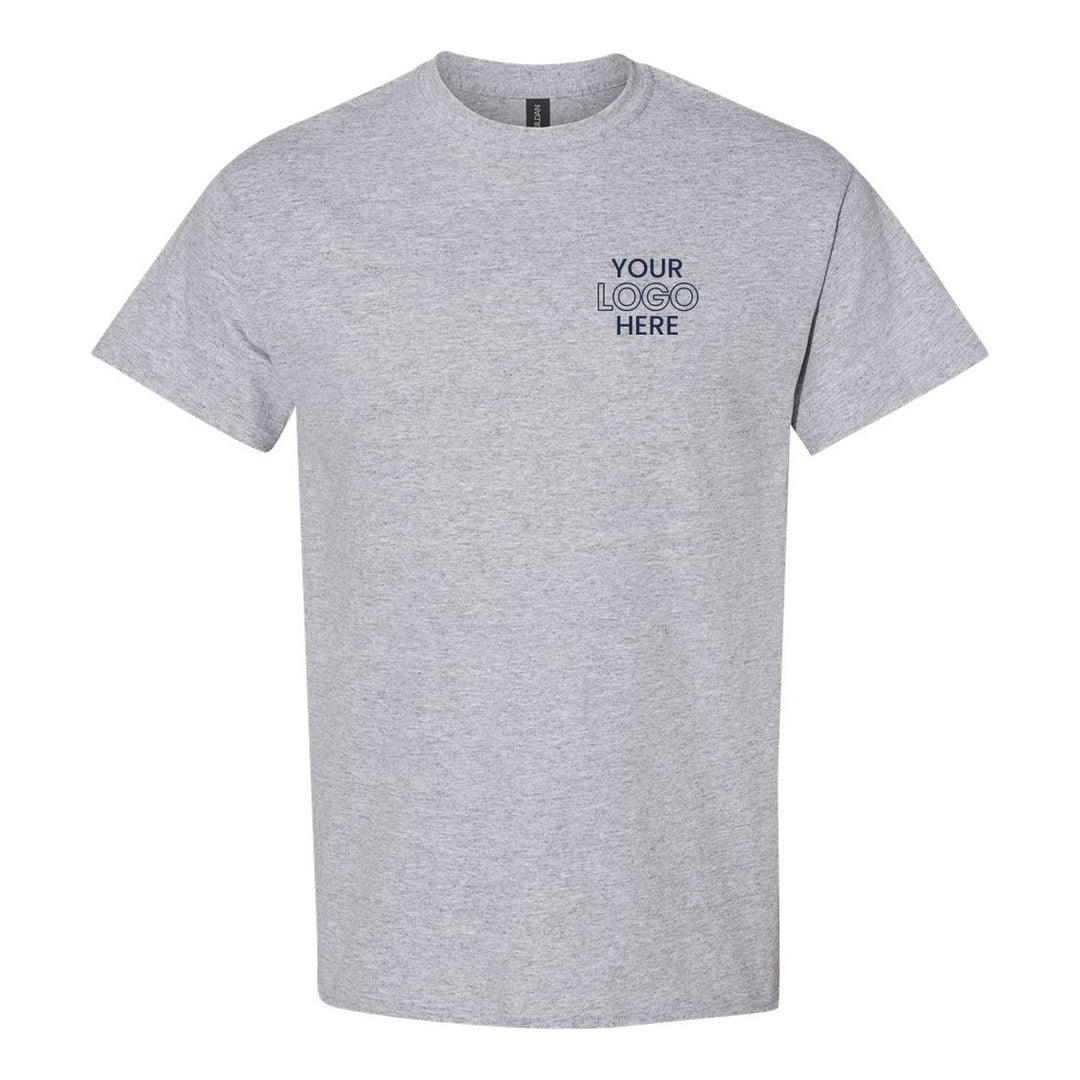 Sport Grey Gildan 5000 tee with a sample logo on the left chest