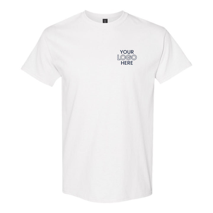White Gildan 5000 tee with a sample logo on the left chest