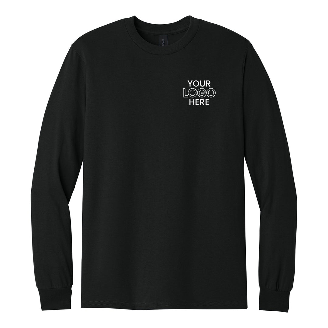 Black Gildan 5400 long sleeve tee with a sample logo on the left chest