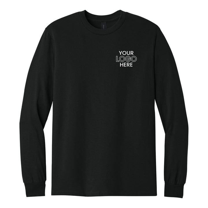 Black Gildan 5400 long sleeve tee with a sample logo on the left chest