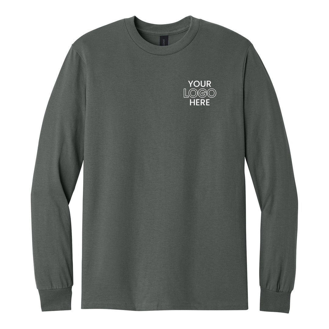 Charcoal Gildan 5400 long sleeve tee with a sample logo on the left chest