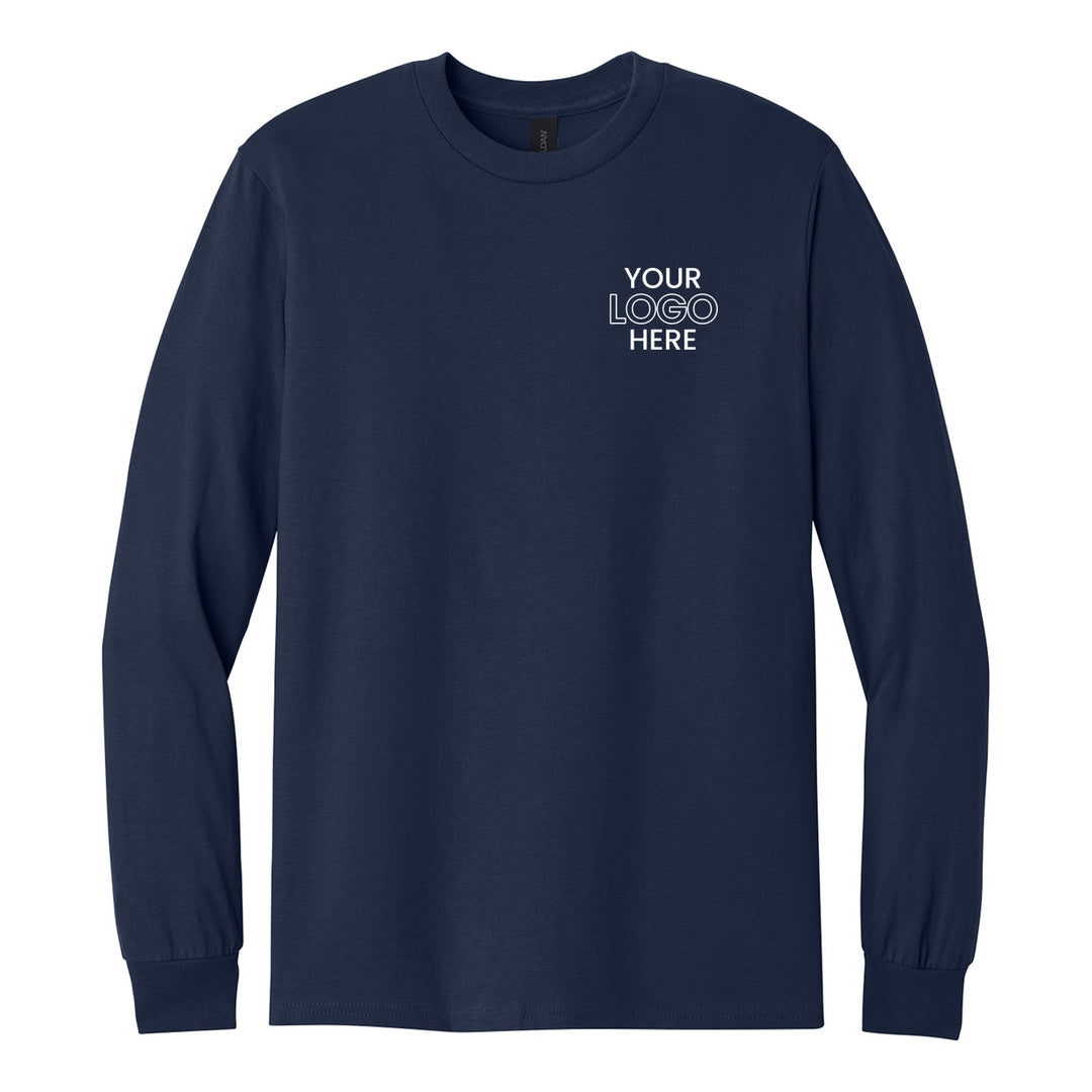 Navy Gildan 5400 long sleeve tee with a sample logo on the left chest
