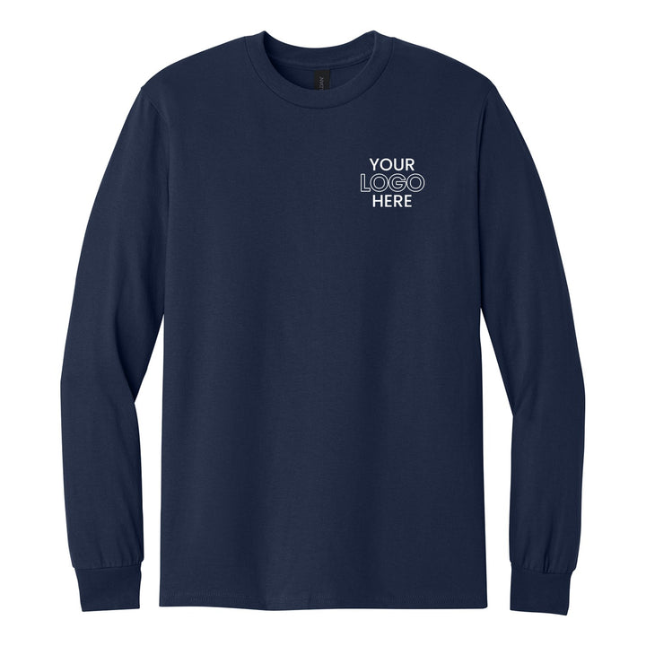 Navy Gildan 5400 long sleeve tee with a sample logo on the left chest
