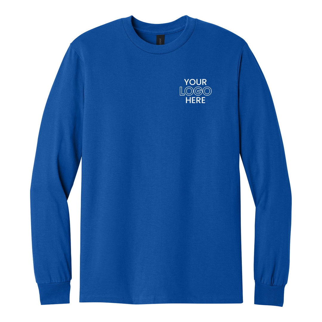 Royal Gildan 5400 long sleeve tee with a sample logo on the left chest