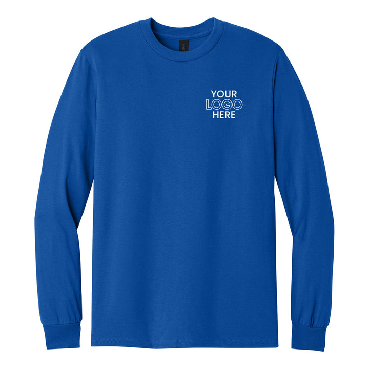Royal Gildan 5400 long sleeve tee with a sample logo on the left chest