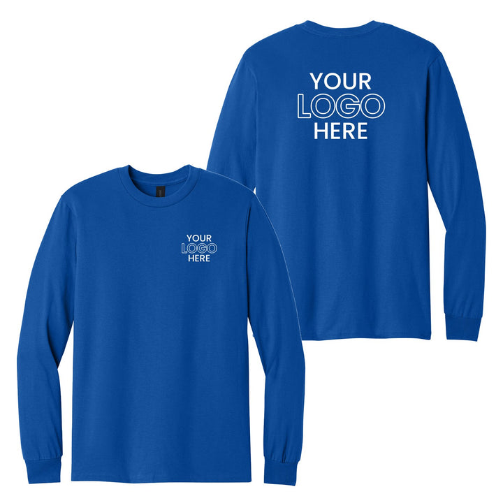 Gildan 5400 long sleeve tee with a sample company logo on the left chest and full back, shown front and back