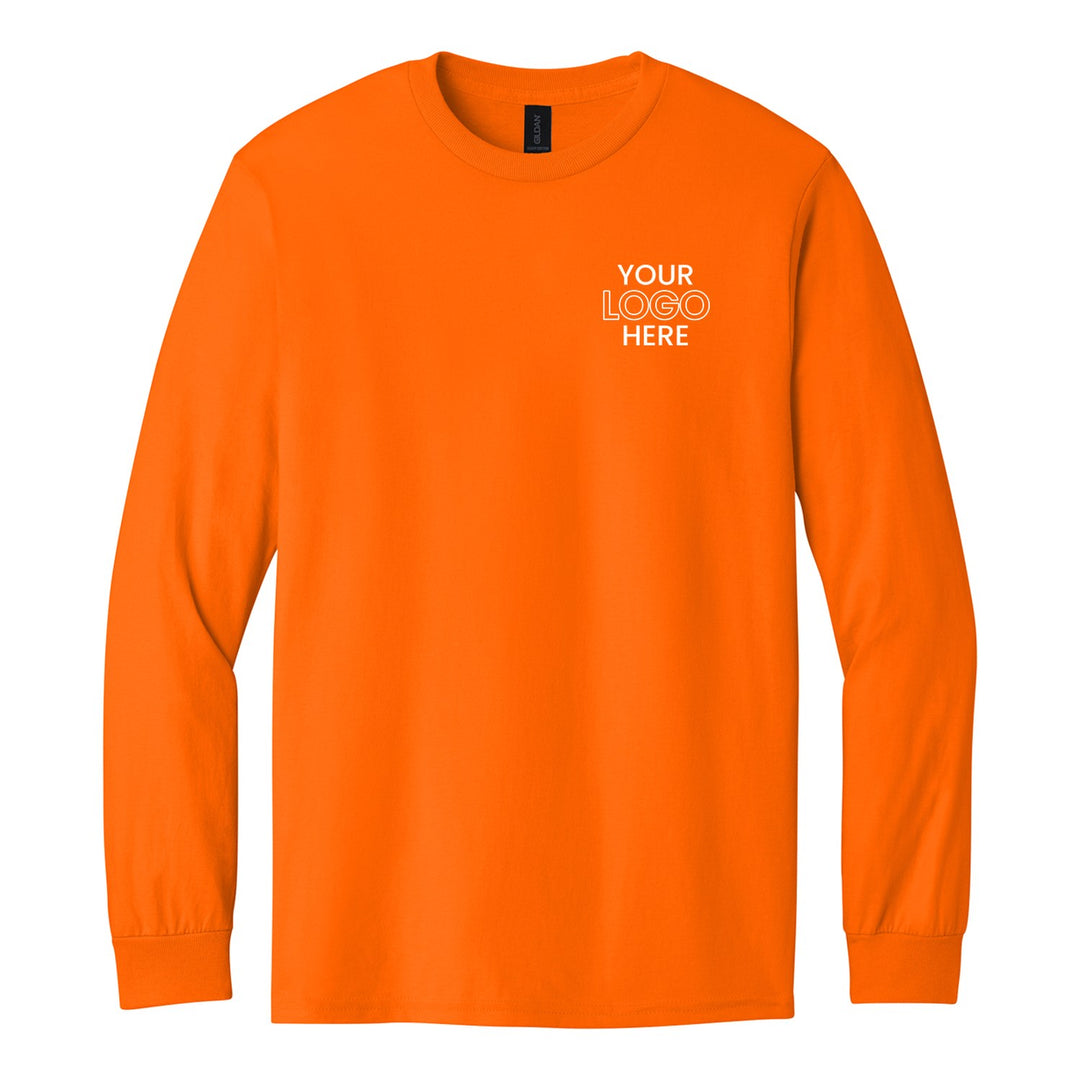 Safety Orange Gildan 5400 long sleeve tee with a sample logo on the left chest
