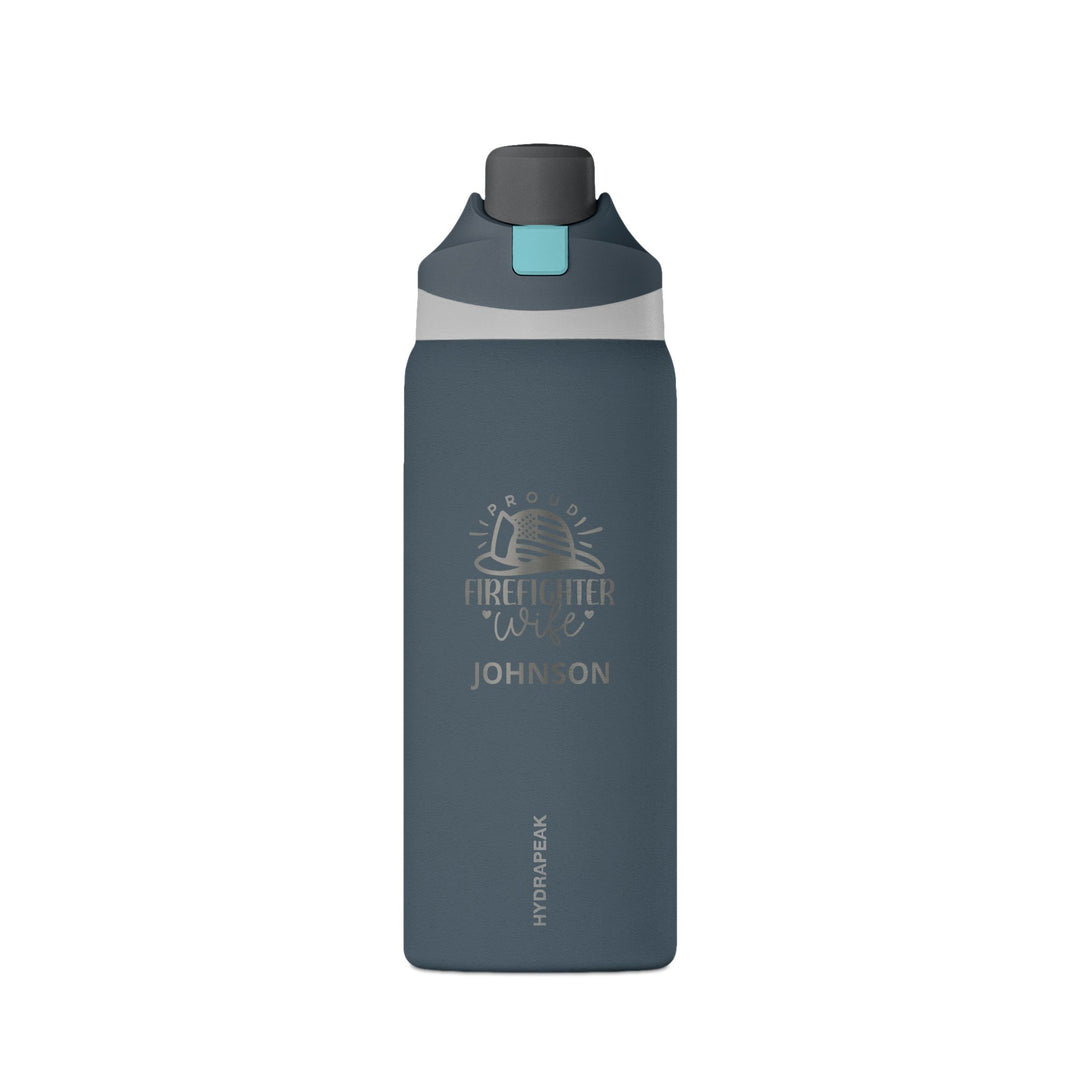 Slate blue 32oz insulated firefighter wife water bottle engraved with Proud Firefighter Wife design