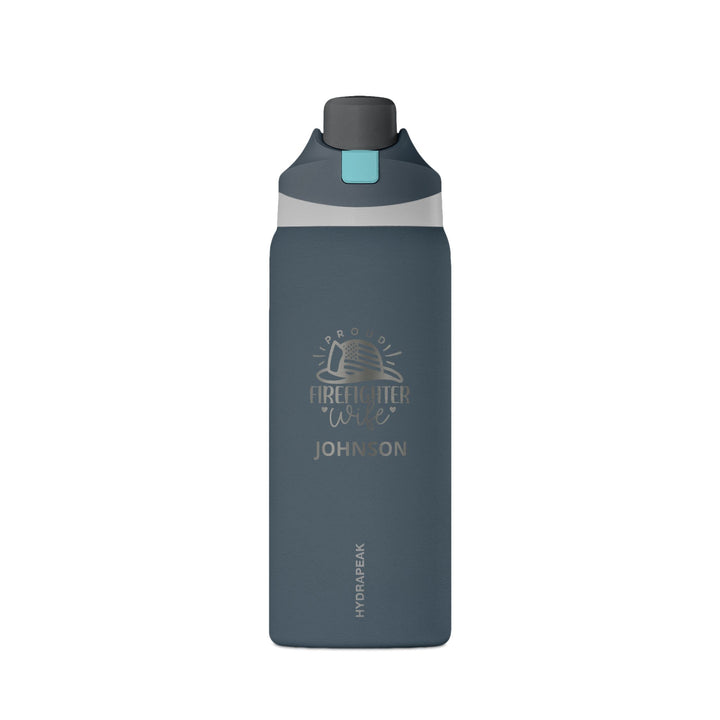 Slate blue 32oz insulated firefighter wife water bottle engraved with Proud Firefighter Wife design