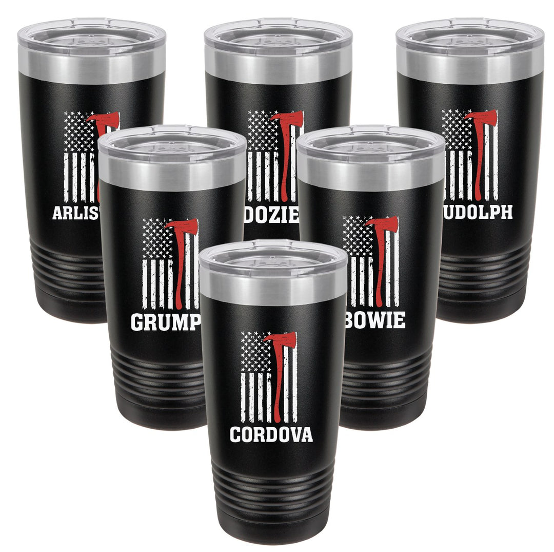 Six black 20 oz tumblers printed with an American flag and red fire axe, each personalized with a firefighter&