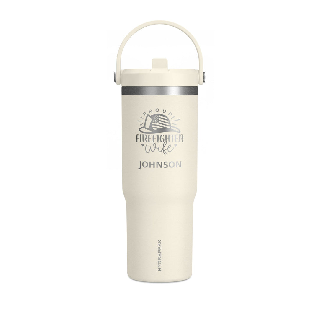 Ivory firefighter wife 32oz tumbler with engraved Proud Firefighter Wife design, angled view