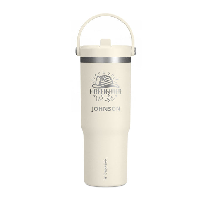 Ivory firefighter wife 32oz tumbler with engraved Proud Firefighter Wife design, angled view