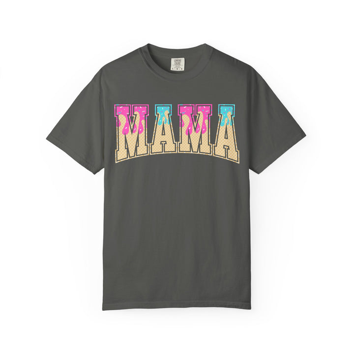 Pepper charcoal Comfort Colors Baseball Mama t-shirt with a retro ice cream drip MAMA graphic, front view.