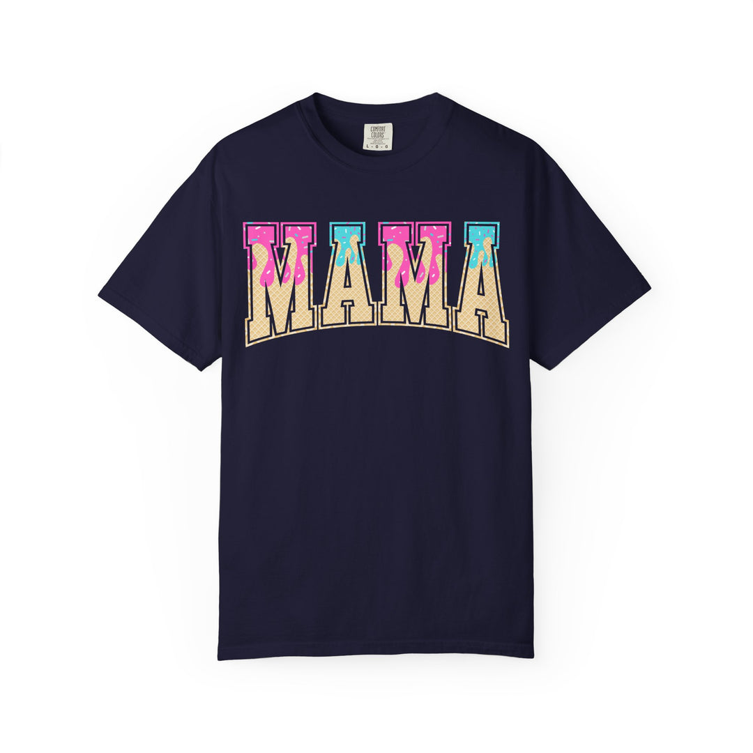 True Navy Comfort Colors Baseball Mama t-shirt with a retro ice cream drip MAMA graphic, front view.