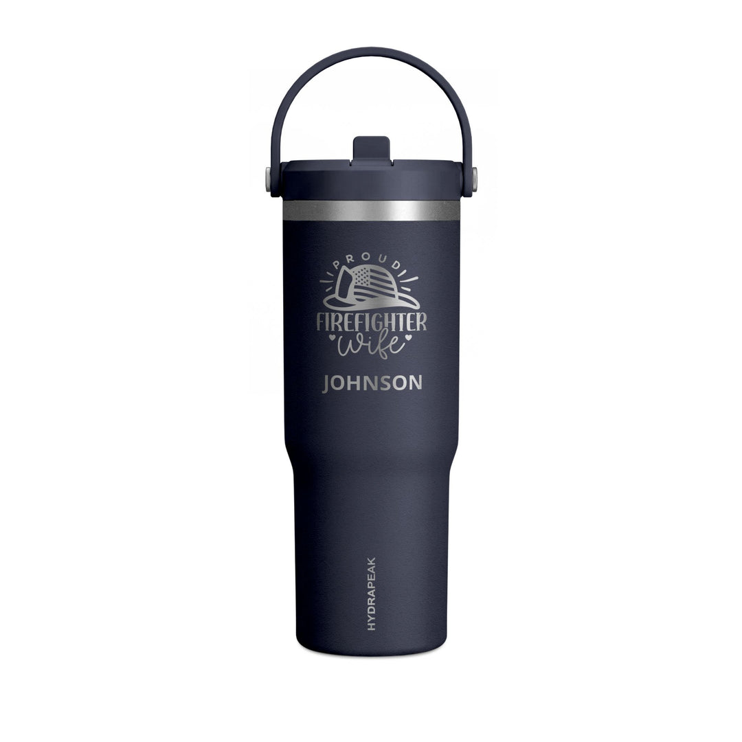 Navy 32oz insulated firefighter wife tumbler engraved with Proud Firefighter Wife emblem and name