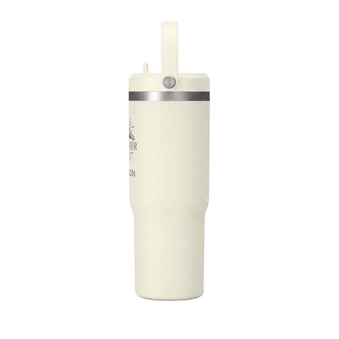 Ivory 32oz insulated tumbler with flip straw lid, side view