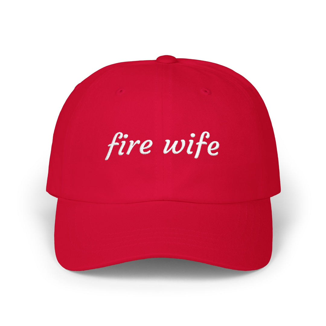 Cranberry red dad cap with fire wife embroidered in white script, front view