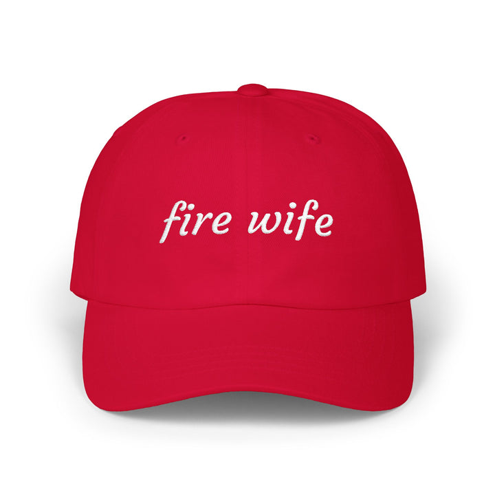 Cranberry red dad cap with fire wife embroidered in white script, front view