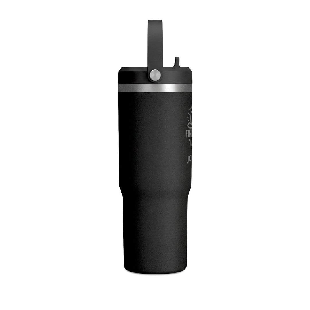 Black 32oz insulated travel tumbler with flip straw lid