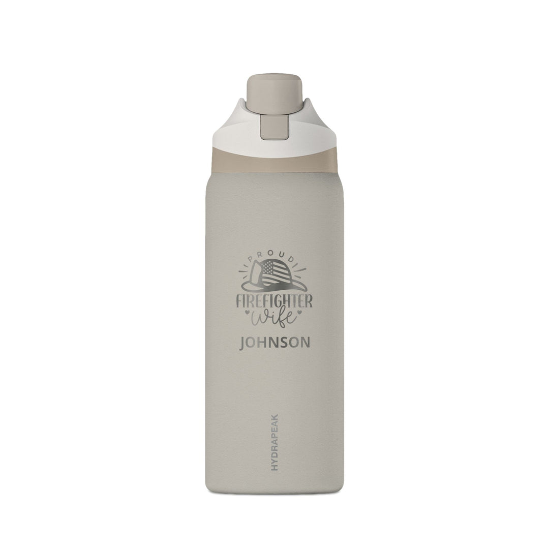 Stone gray 32oz engraved firefighter wife water bottle with Proud Firefighter Wife helmet design