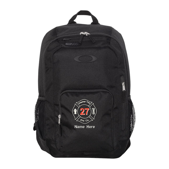 Oakley 22L Enduro Backpack in Blackout embroidered with a fire department Maltese cross and name