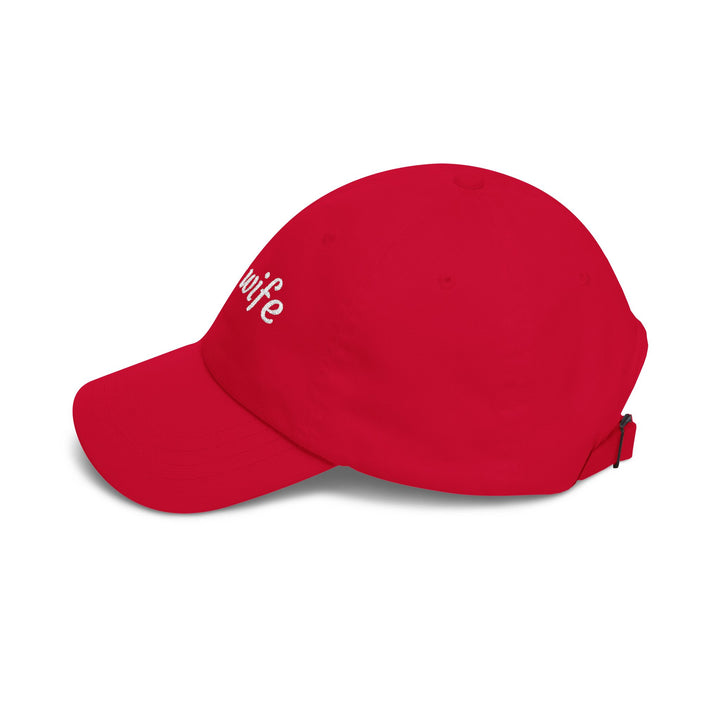 Cranberry red fire wife dad cap, left side view