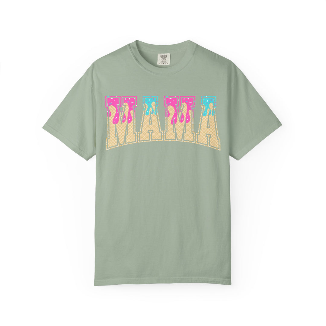 Bay green Comfort Colors Baseball Mama t-shirt with a retro ice cream drip MAMA graphic, front view.