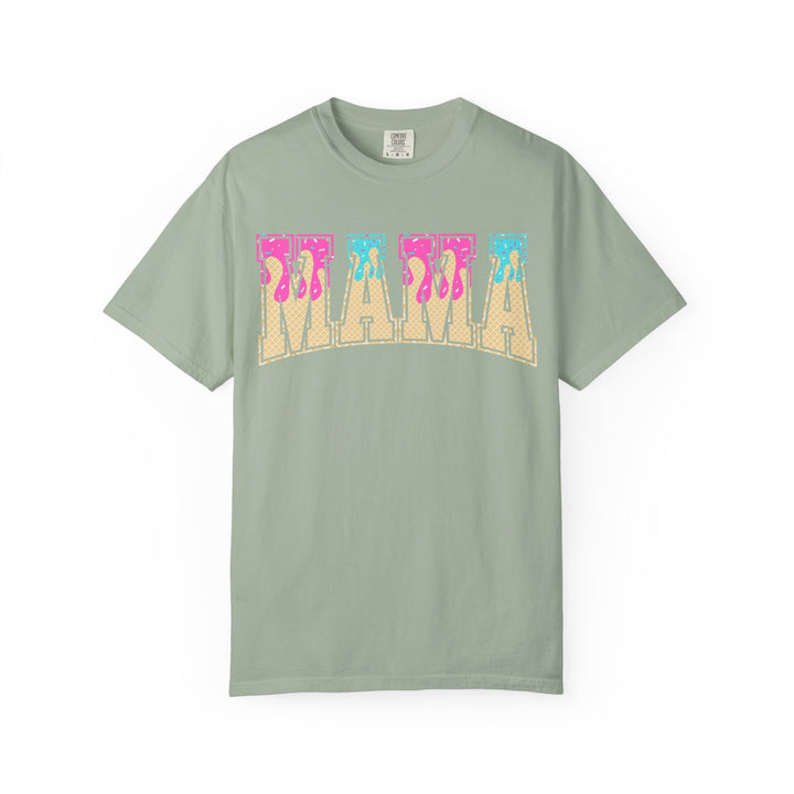 Bay green Comfort Colors Baseball Mama t-shirt with a retro ice cream drip MAMA graphic, front view.