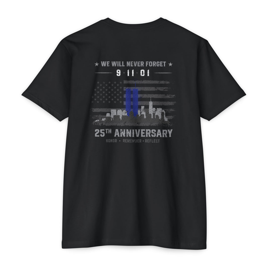 9/11 25th Anniversary Tribute T-Shirt — "We Will Never Forget" Memorial Tee