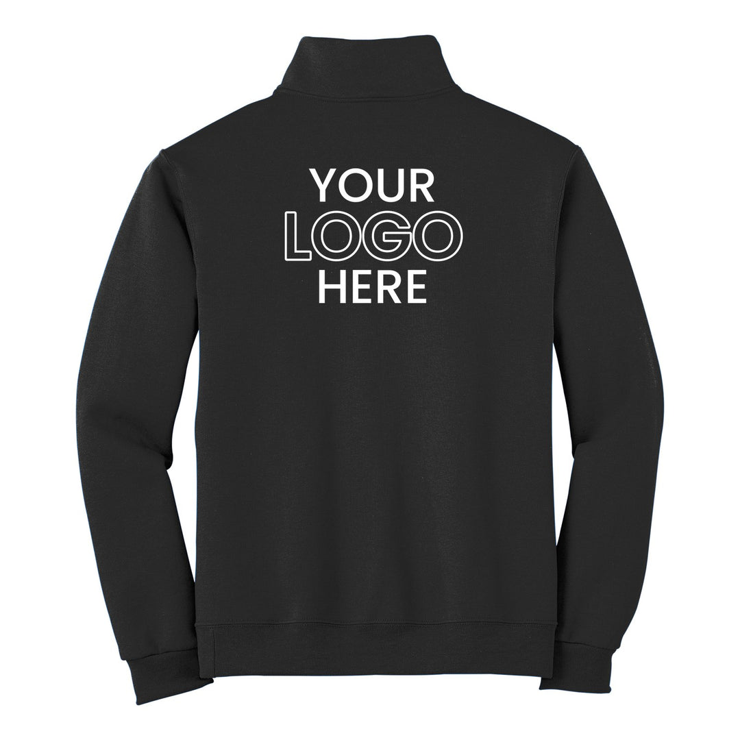 Black Jerzees 995M quarter-zip with a sample full-back company logo