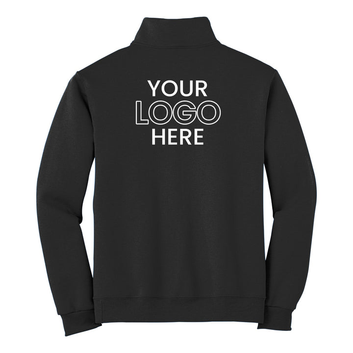 Black Jerzees 995M quarter-zip with a sample full-back company logo