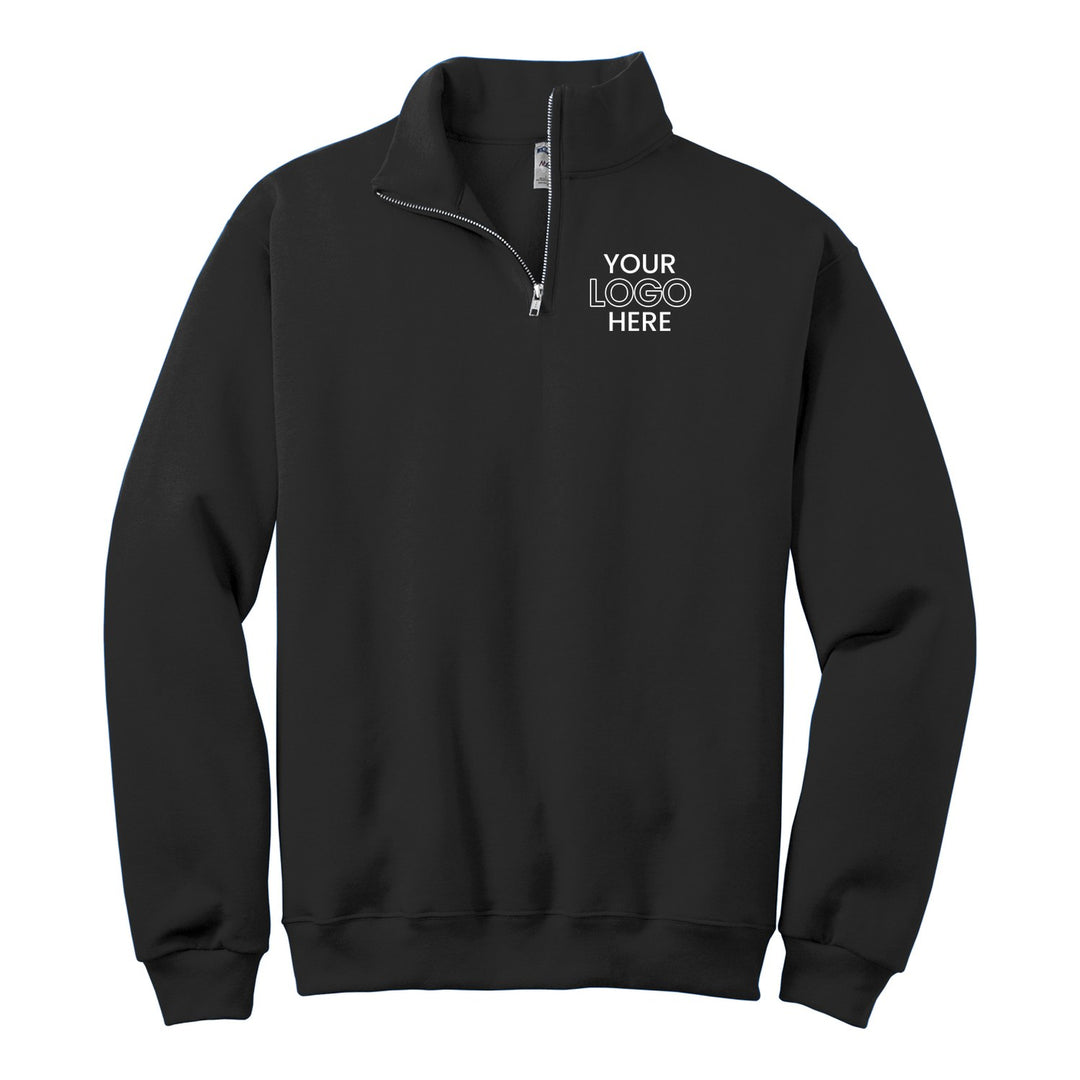 Black Jerzees 995M quarter-zip with a sample logo on the left chest