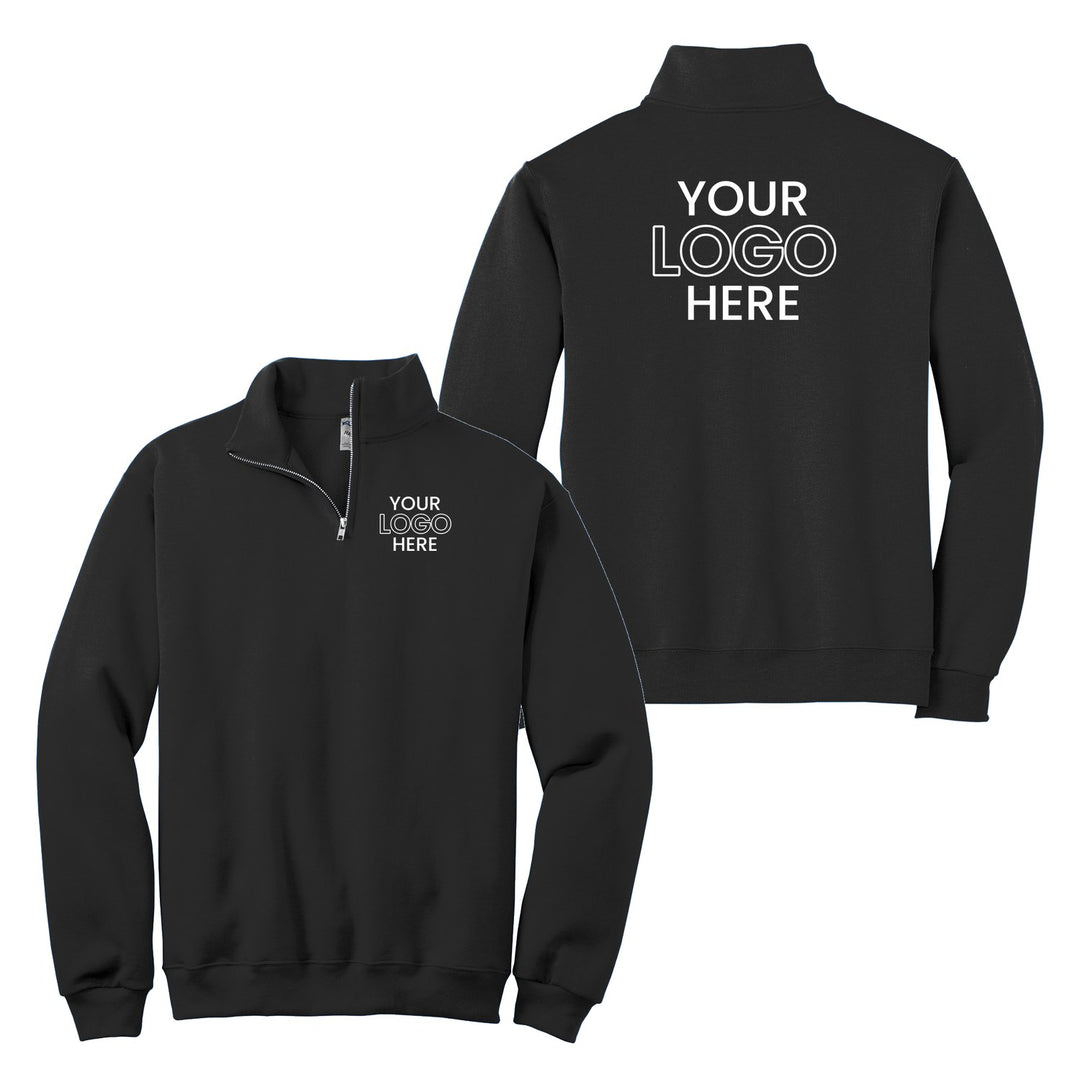 Jerzees 995M quarter-zip with a sample company logo on the left chest and full back, shown front and back