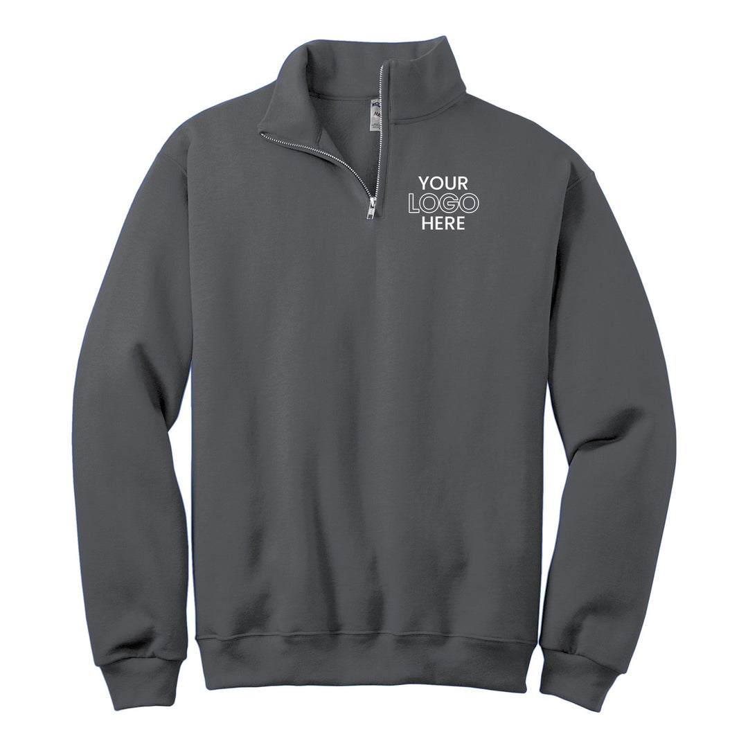 Charcoal Grey Jerzees 995M quarter-zip with a sample logo on the left chest