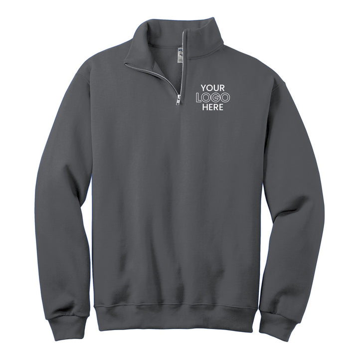 Charcoal Grey Jerzees 995M quarter-zip with a sample logo on the left chest
