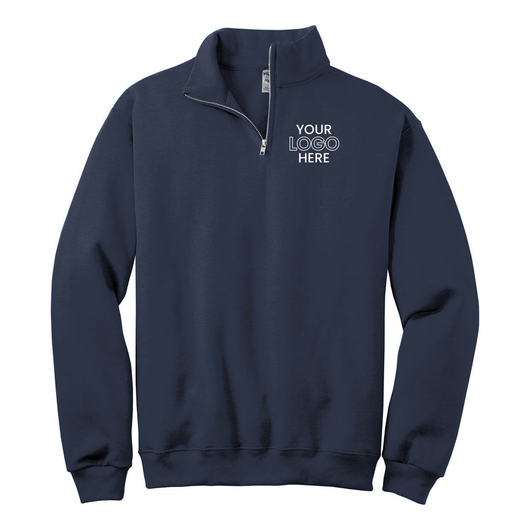 J. Navy Jerzees 995M quarter-zip with a sample logo on the left chest