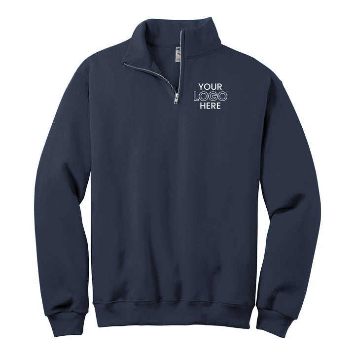 J. Navy Jerzees 995M quarter-zip with a sample logo on the left chest