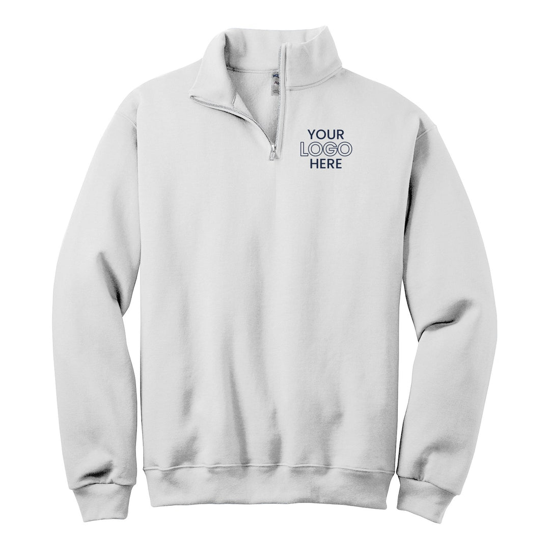 White Jerzees 995M quarter-zip with a sample logo on the left chest